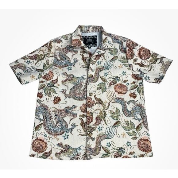 Rebel Vengeance Dragon Floral Print Button Up Shirt Boho Asian Style Men Size 2X - Picture 1 of 11